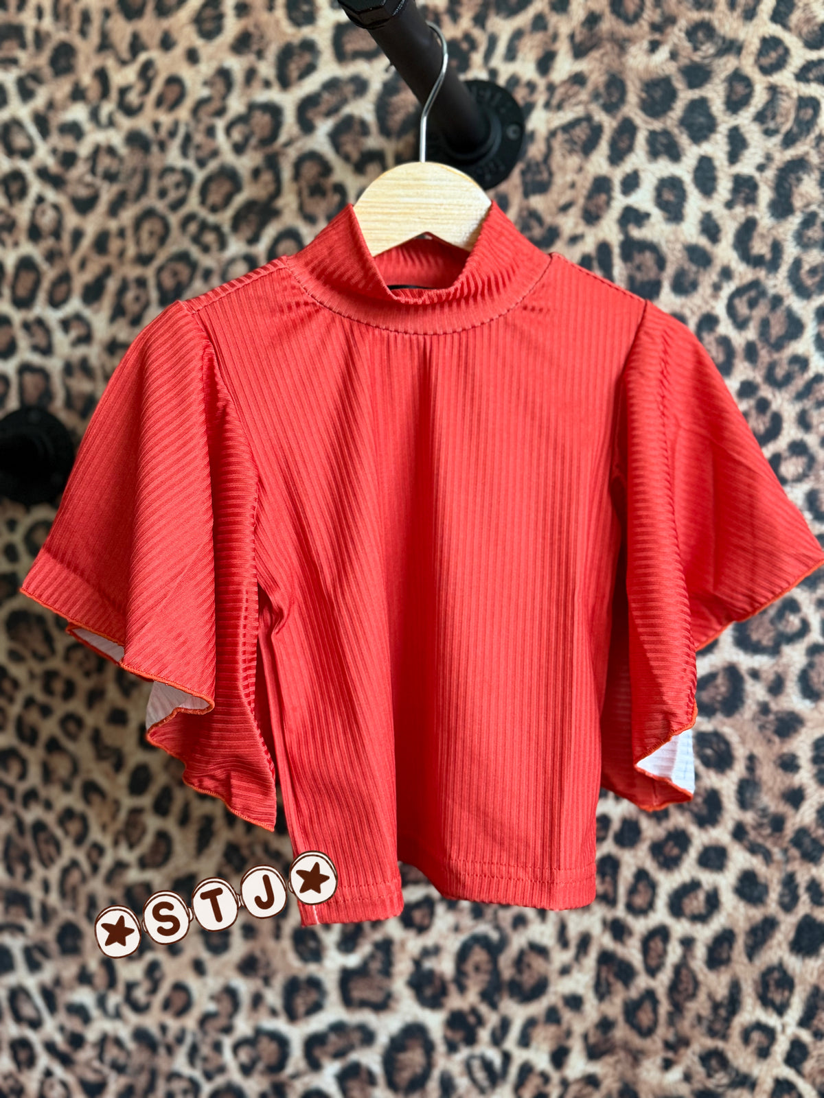 2T- mock neck flutter sleeve top