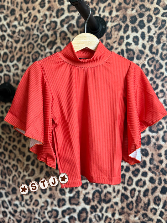 2T- mock neck flutter sleeve top
